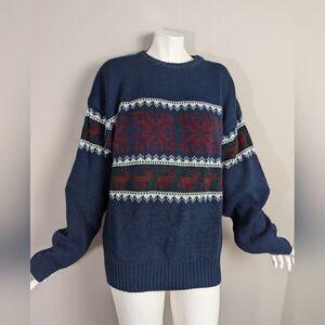 Vintage Knit holiday sweater, crew neck, moose snowflake M